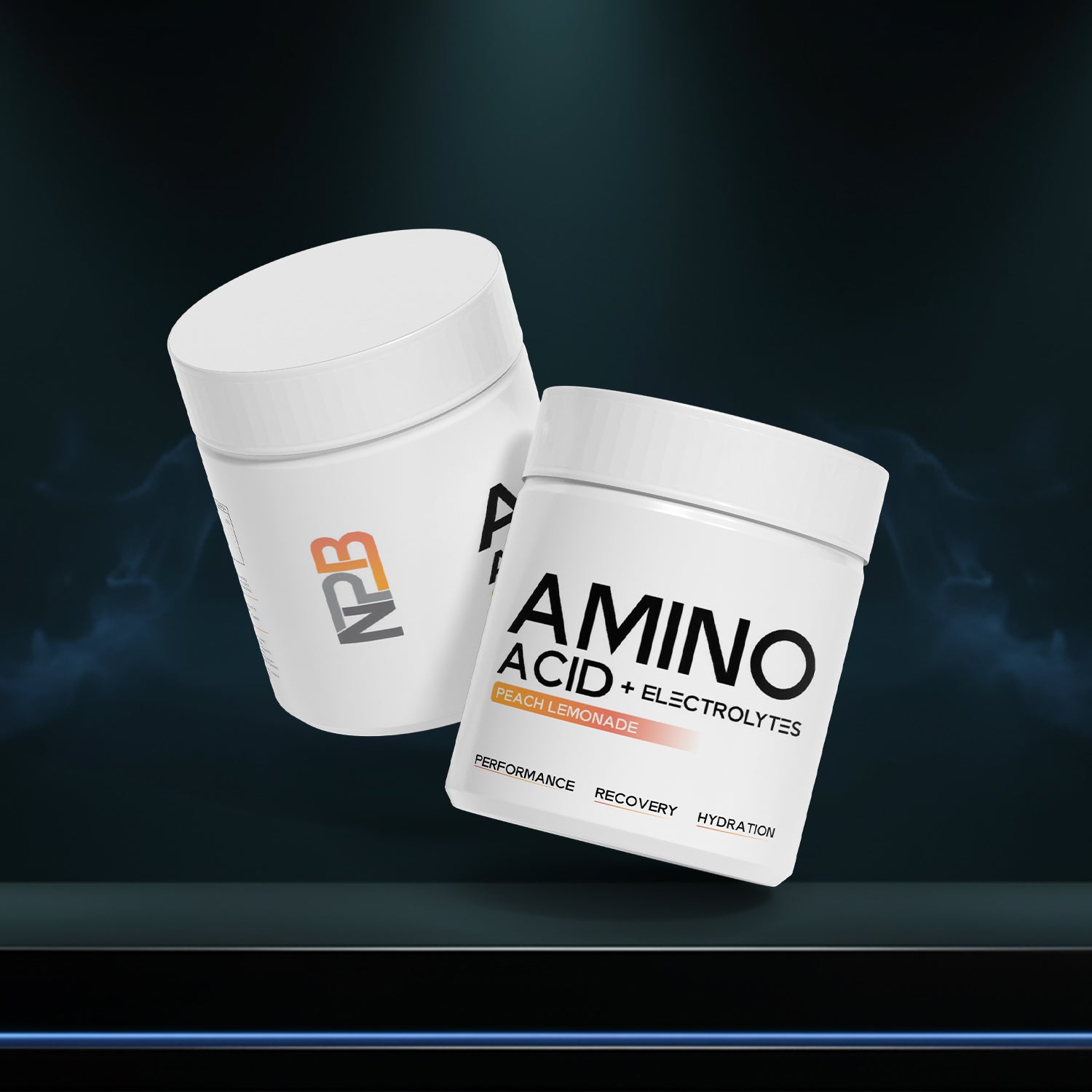 Two white containers labeled 'NPB' and 'Amino Acid + Electrolytes' on a dark background