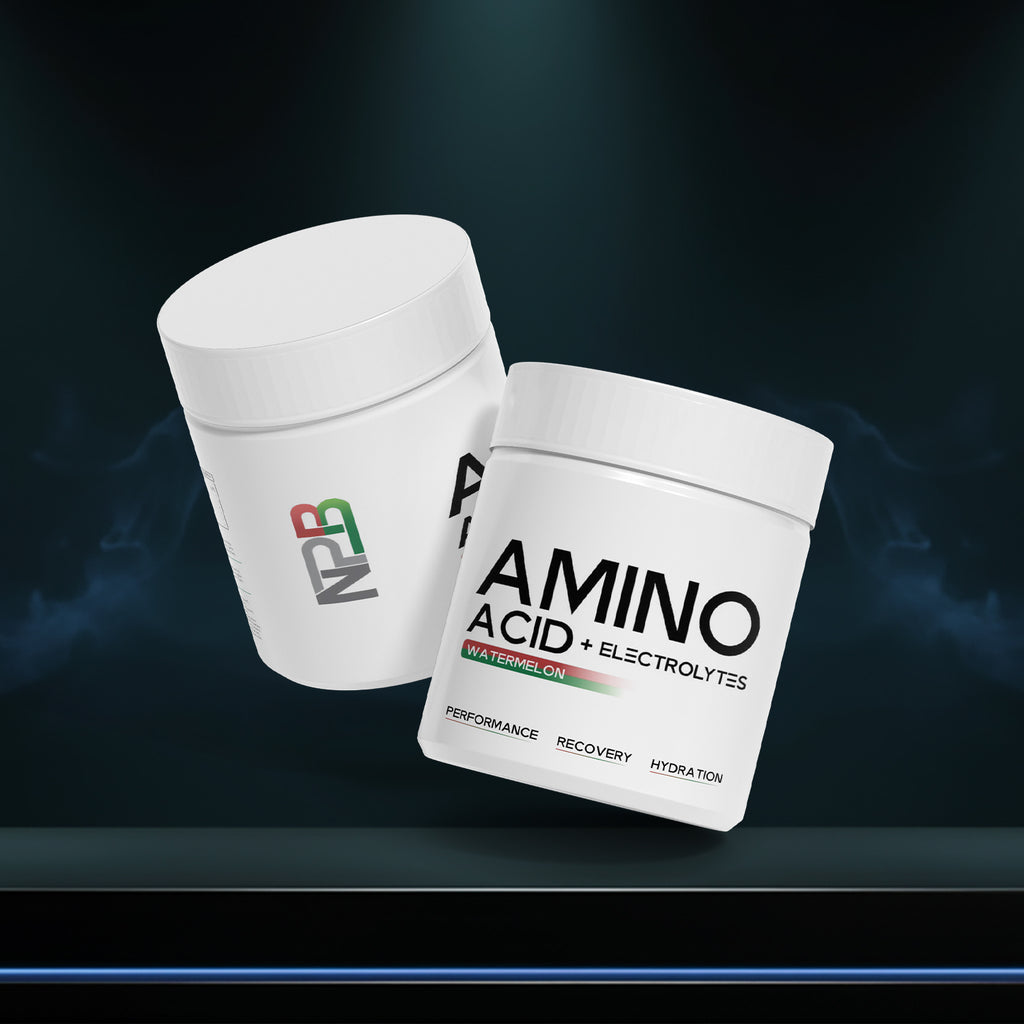 Two white containers labeled 'Amino Acid + Electrolytes' on a dark background