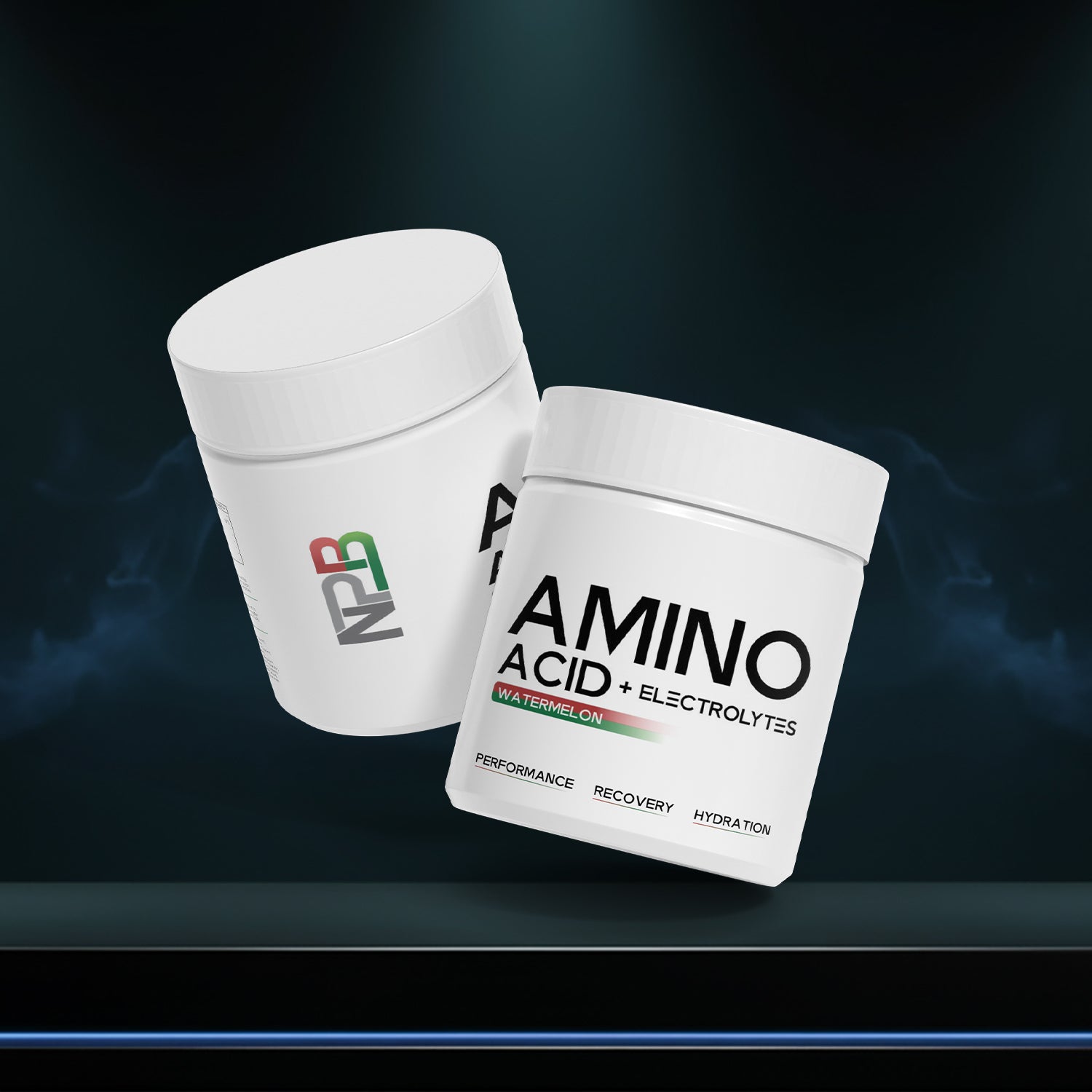 Two white containers labeled 'Amino Acid + Electrolytes' on a dark background