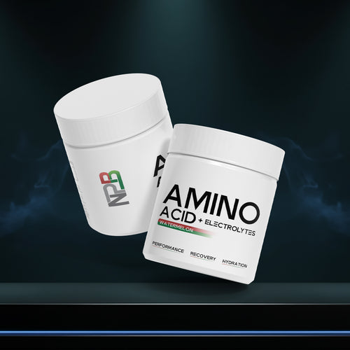Two white containers labeled 'Amino Acid + Electrolytes' on a dark background