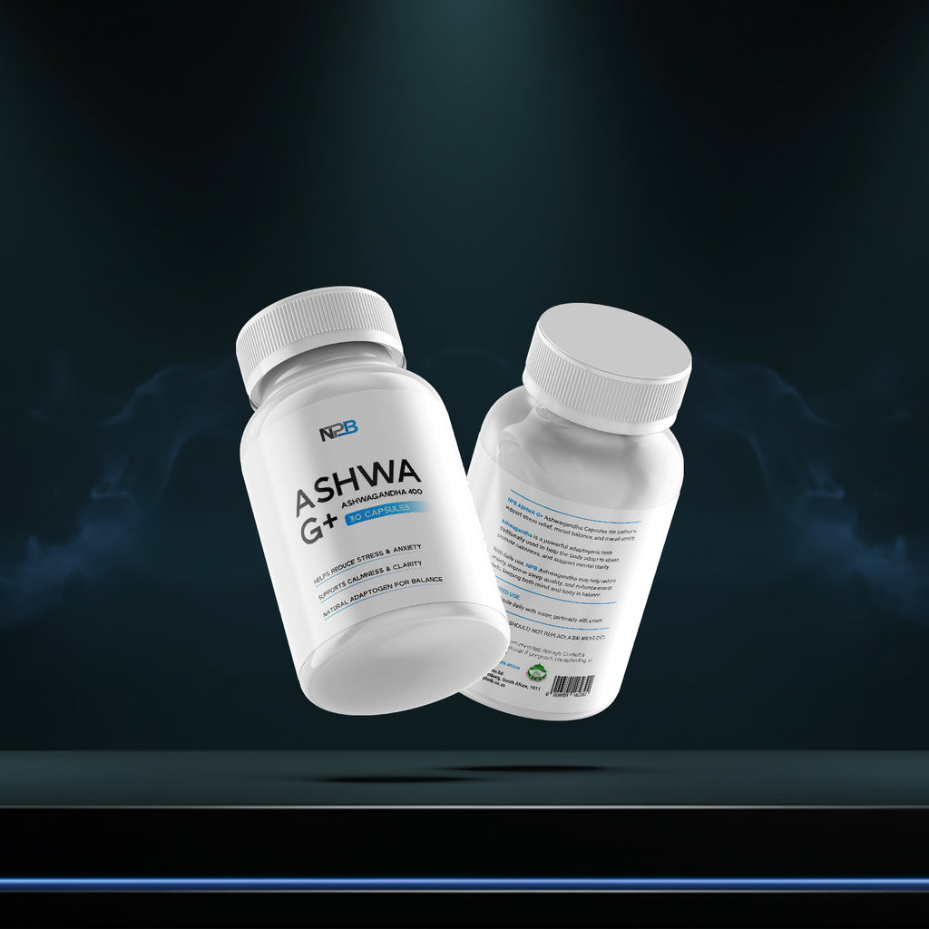 Two bottles of Ashwa G+ supplement on a dark background