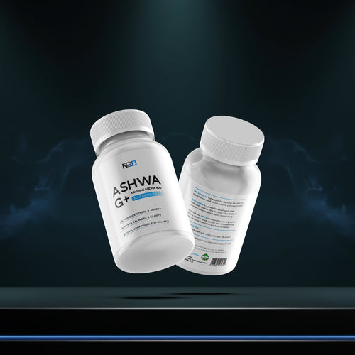 Two bottles of Ashwa G+ supplement on a dark background