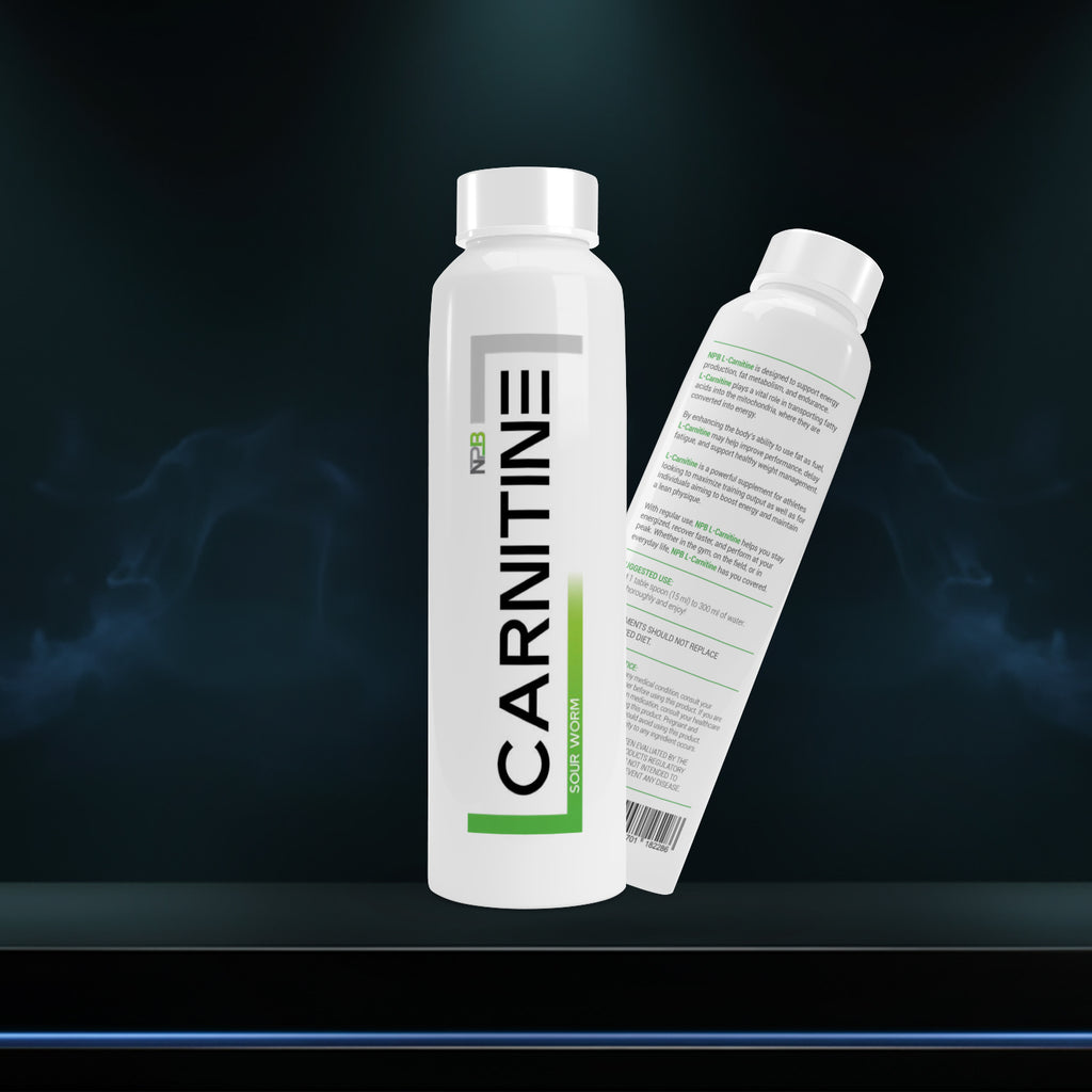 Two white bottles labeled 'CARNITINE' on a dark background
