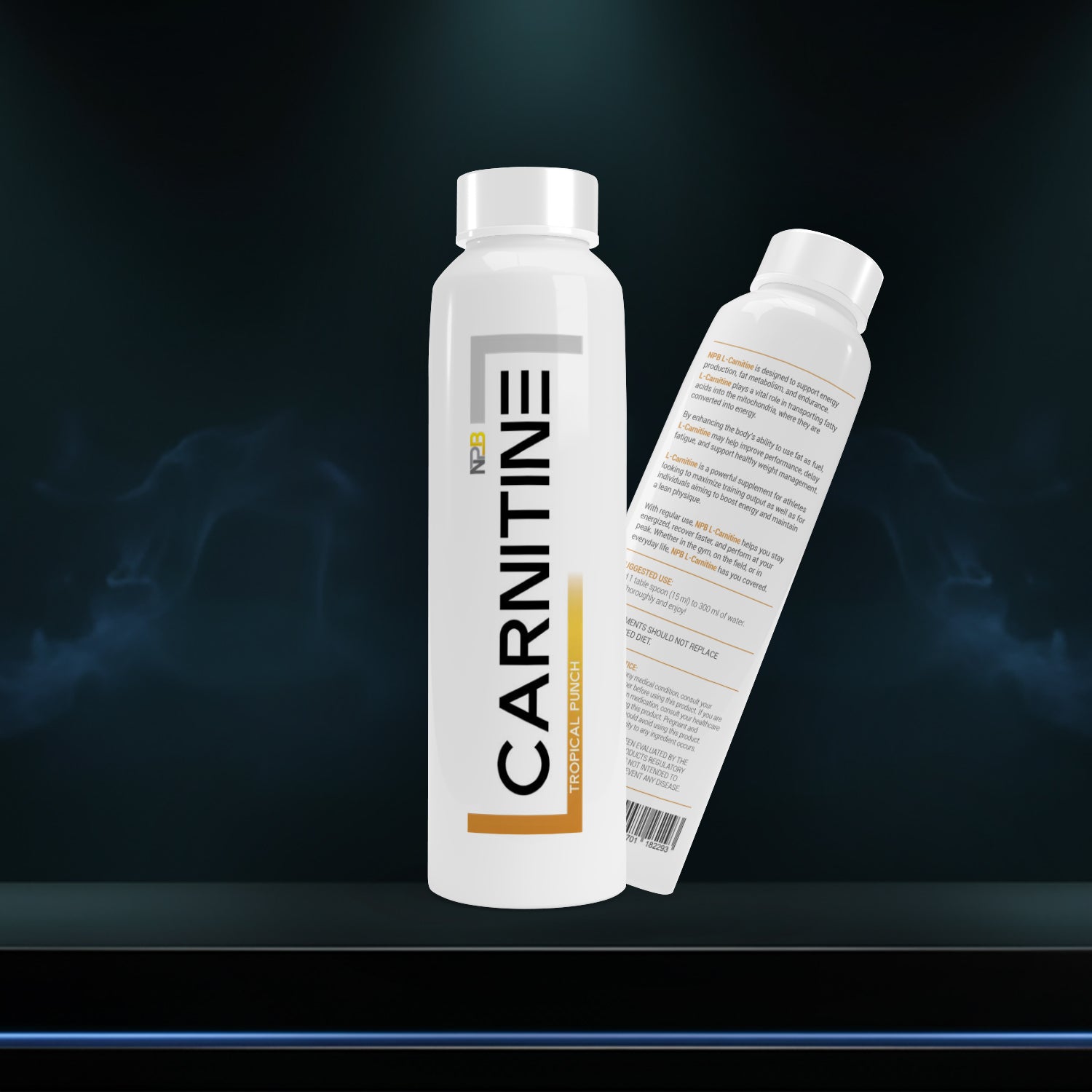 Two white bottles labeled 'CARNITINE' on a dark background