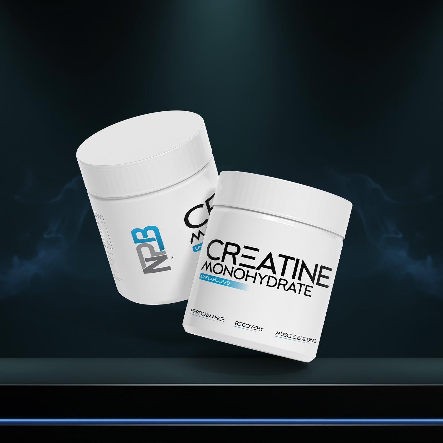 Two containers of creatine monohydrate powder on a dark background