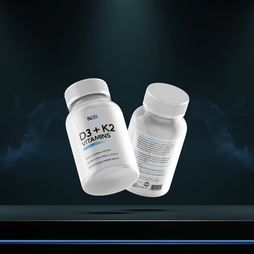 Two bottles of D3 + K2 vitamins on a dark background