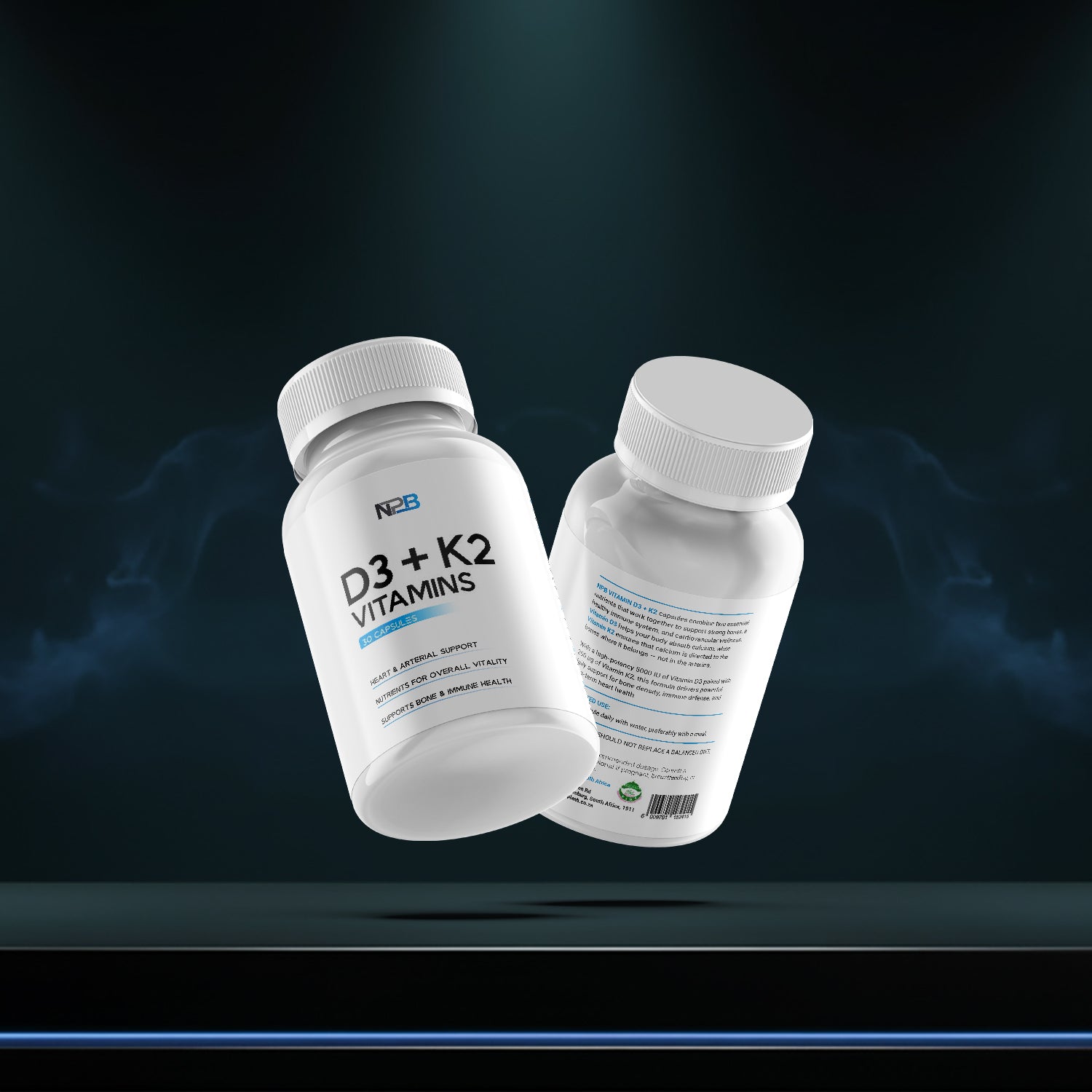 Two bottles of D3 + K2 vitamins on a dark background