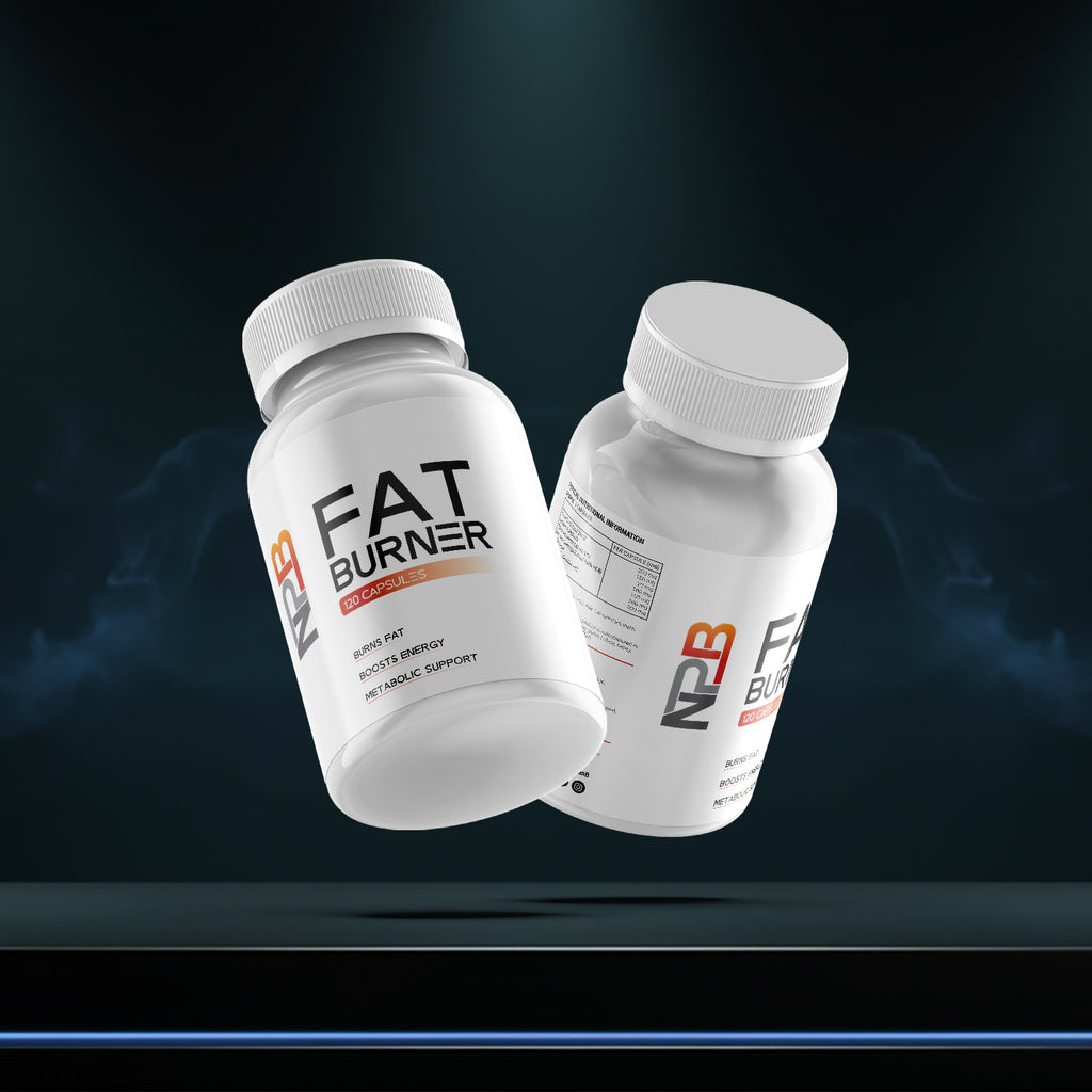 Two bottles of NPB Fat Burner on a dark background