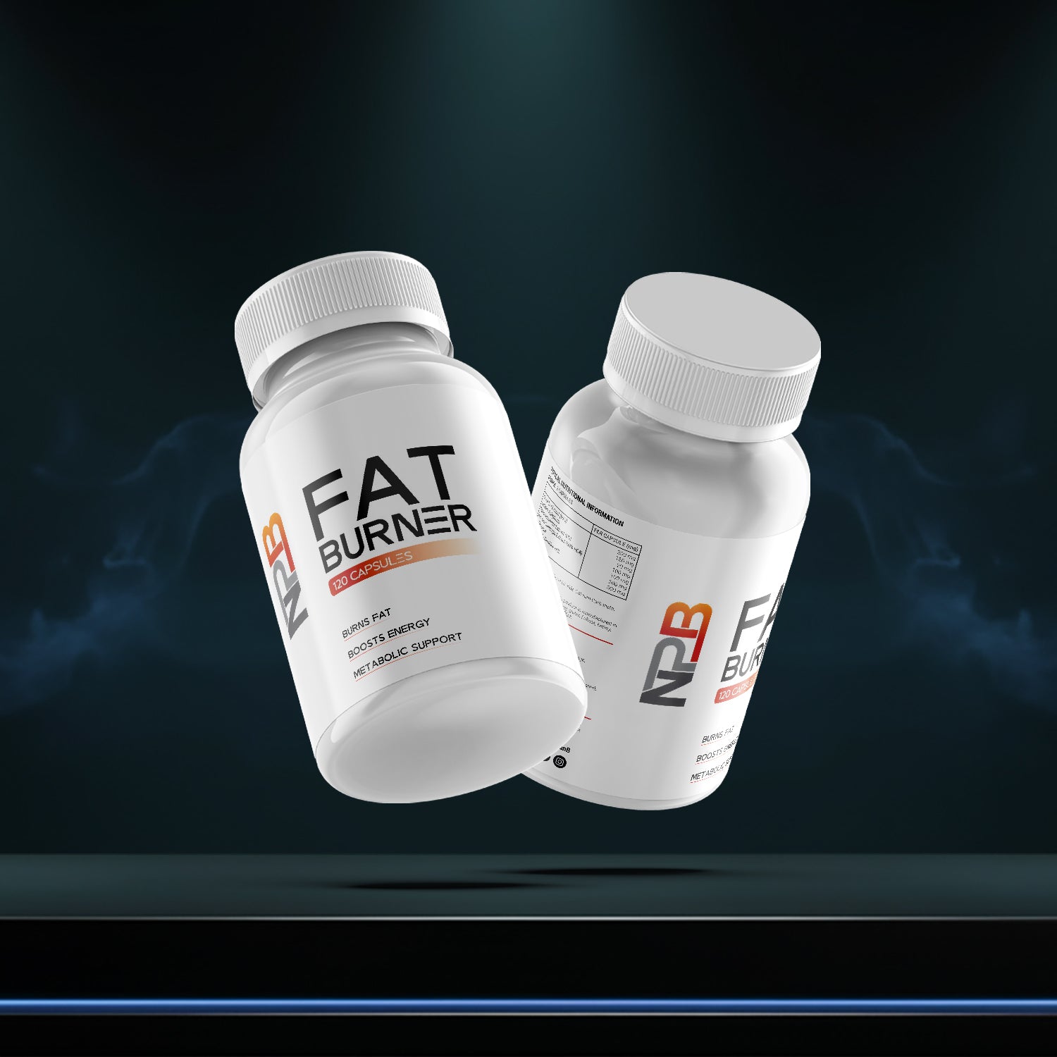 Two bottles of NPB Fat Burner on a dark background