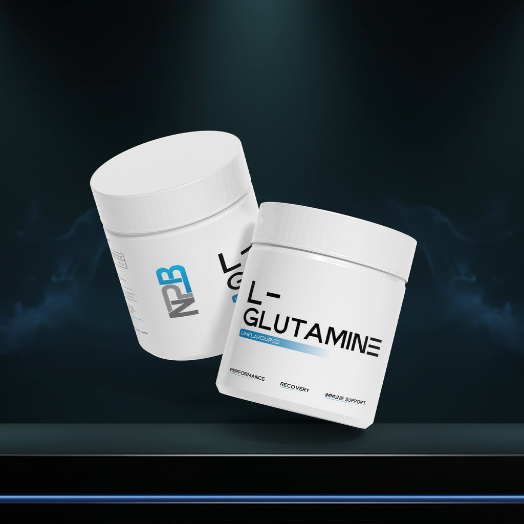 Two containers of L-Glutamine powder on a dark background