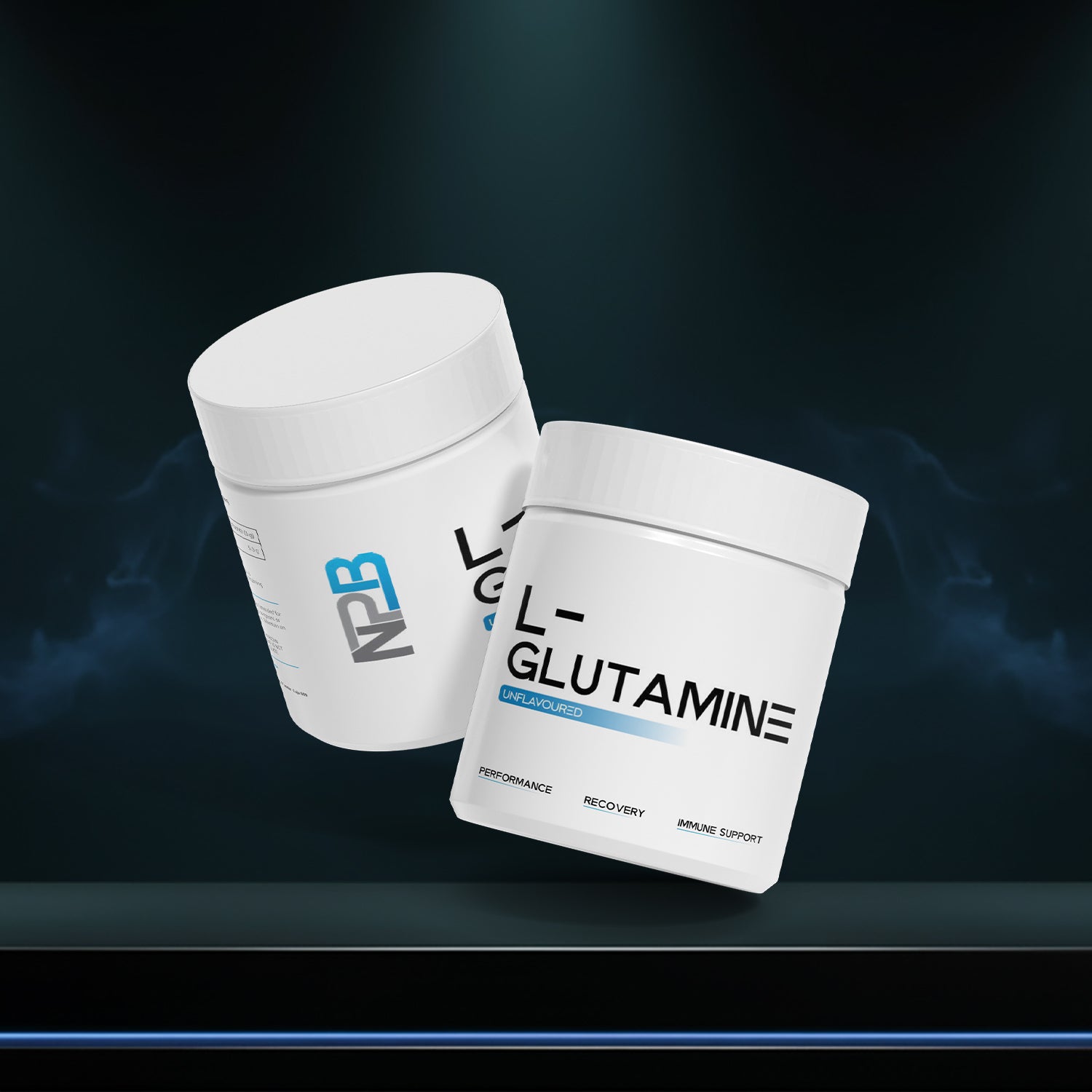 Two containers of L-Glutamine powder on a dark background