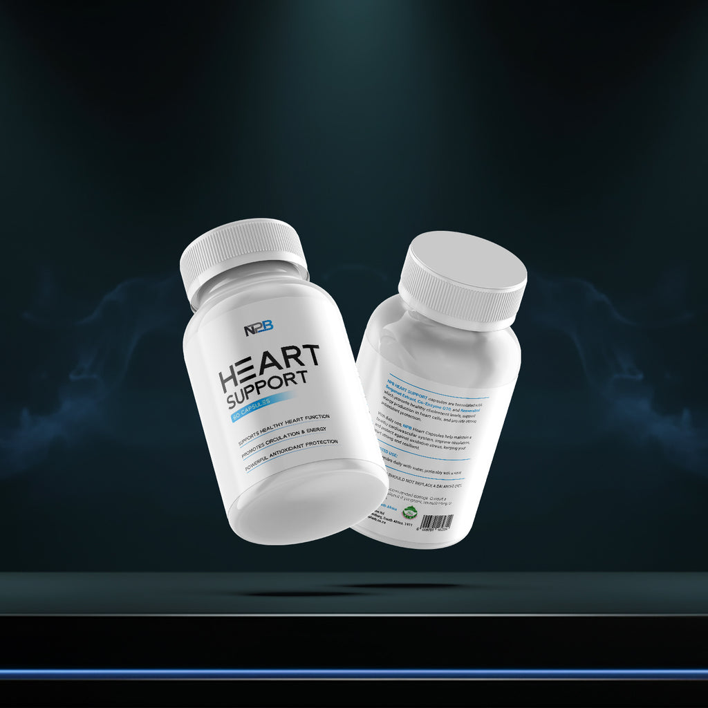 Two bottles of 'Heart Support' supplement on a dark background