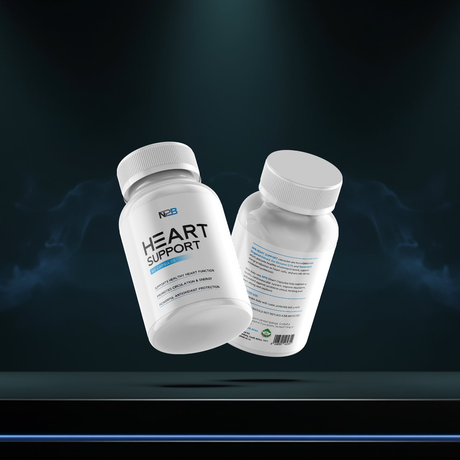 Two bottles of 'Heart Support' supplement on a dark background