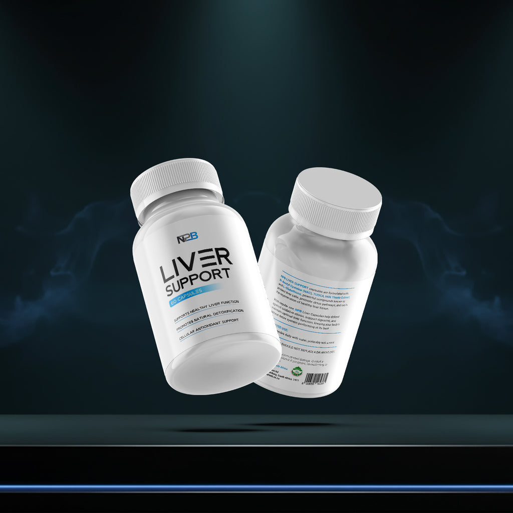 Two bottles of Liver Support supplement on a dark background