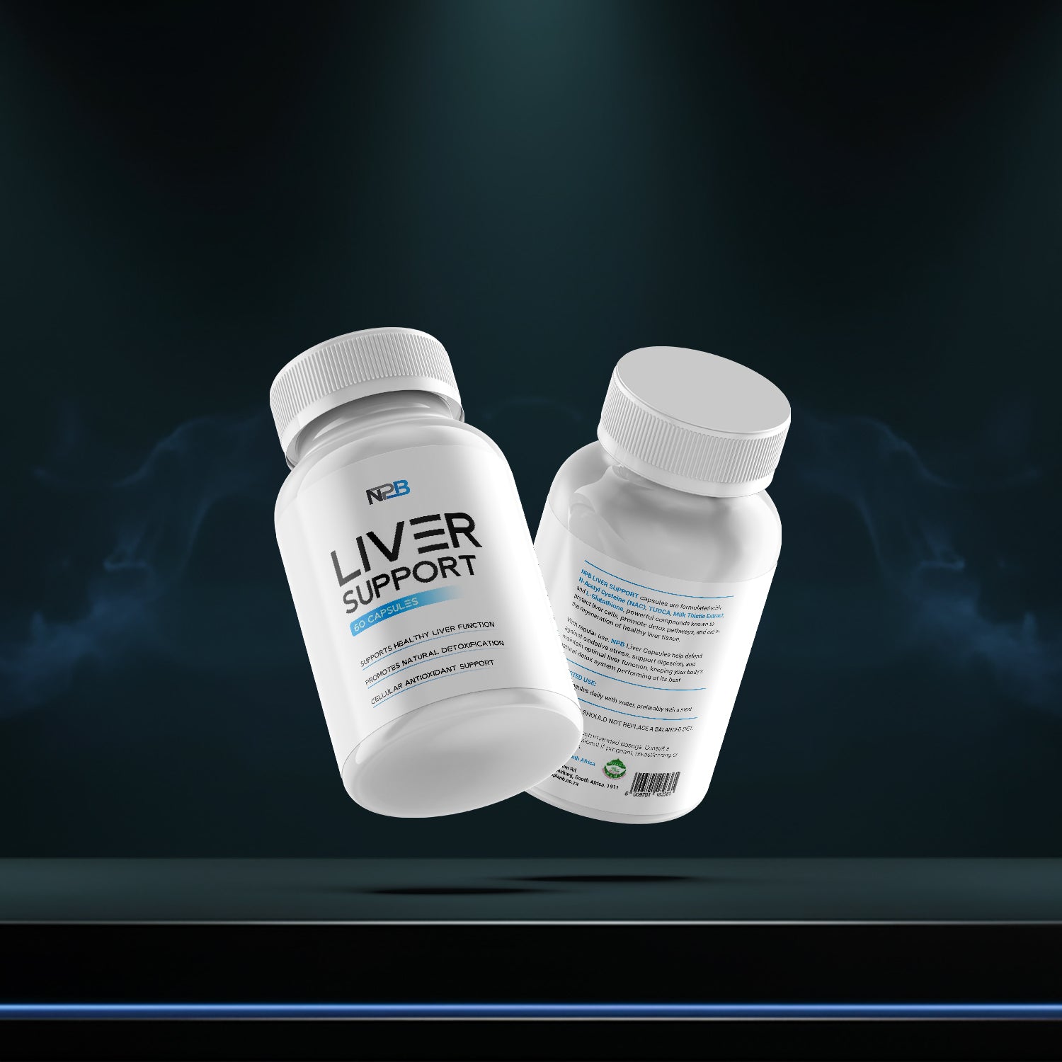 Two bottles of Liver Support supplement on a dark background