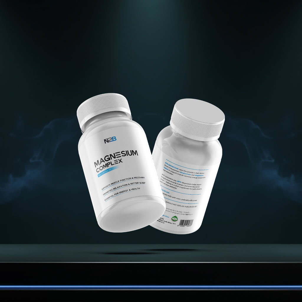Two bottles of magnesium complex supplement on a dark background