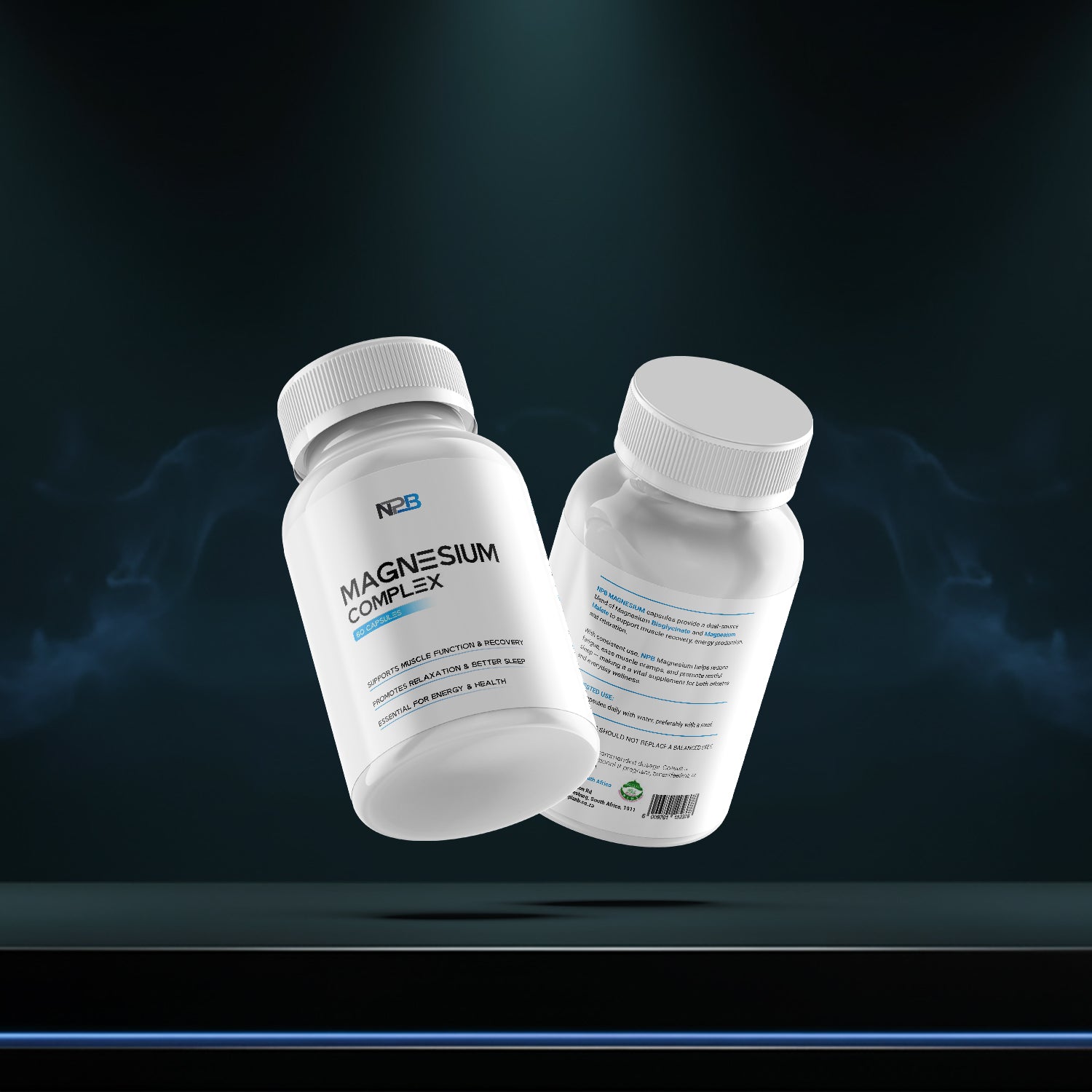 Two bottles of magnesium complex supplement on a dark background