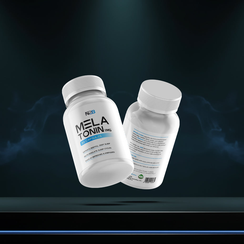 Two bottles of MELATONIN on a dark background