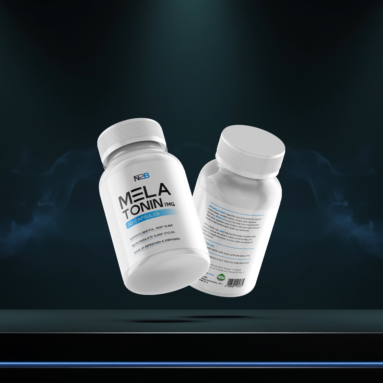 Two bottles of MELATONIN on a dark background
