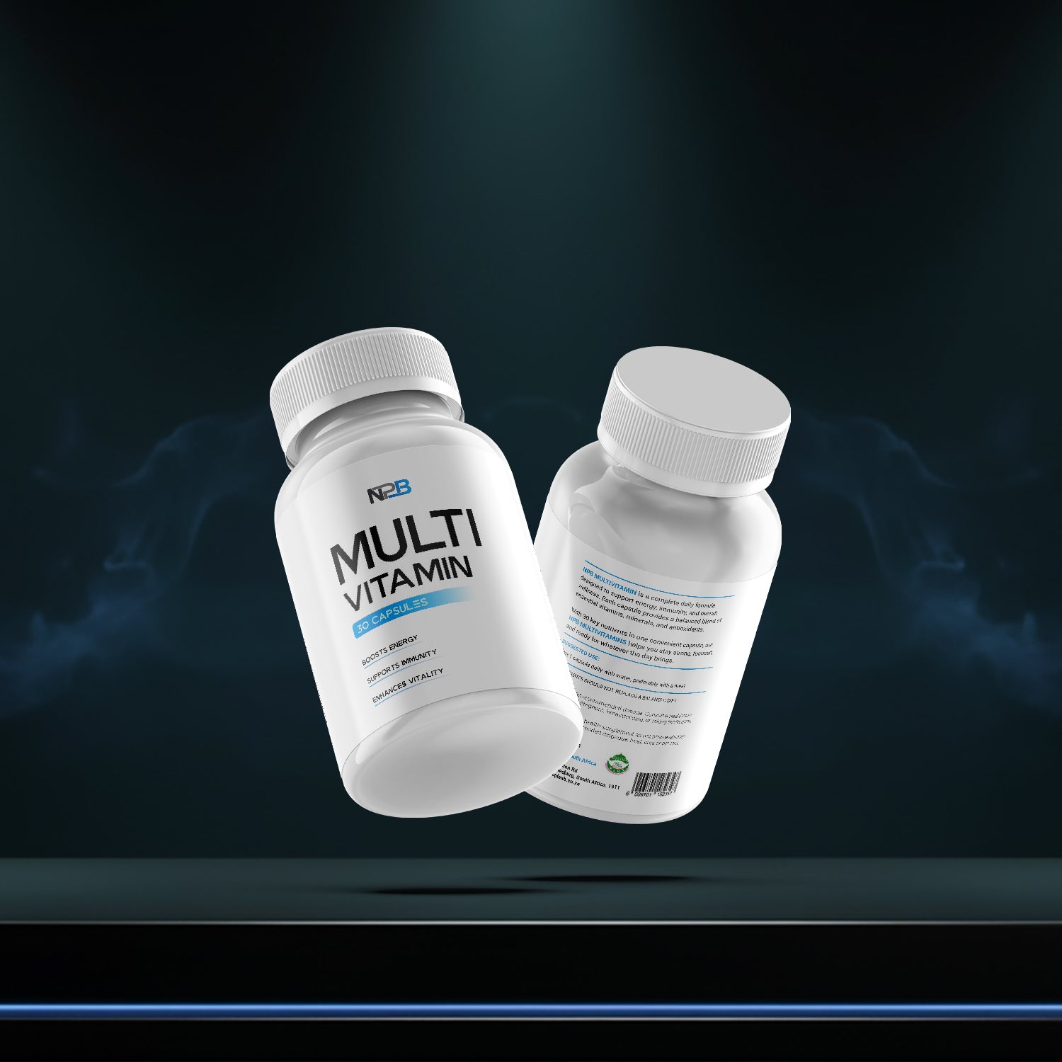 Two bottles of multi vitamin on a dark background