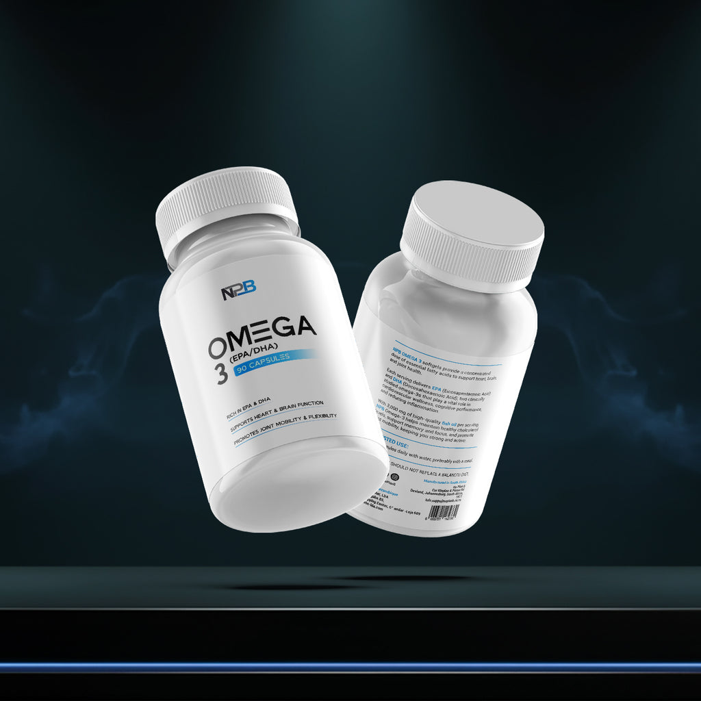 Two bottles of N3B Omega-3 supplements on a dark background