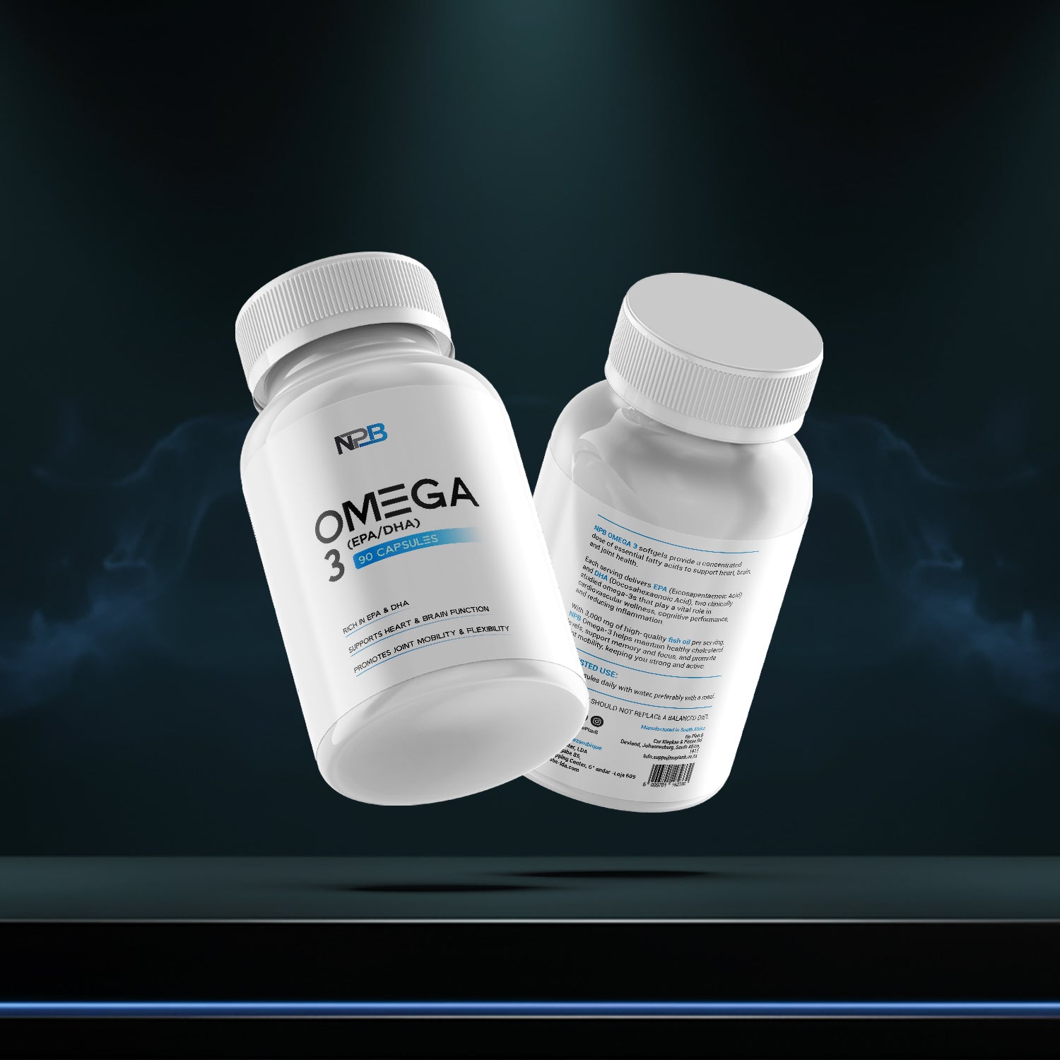 Two bottles of N3B Omega-3 supplements on a dark background