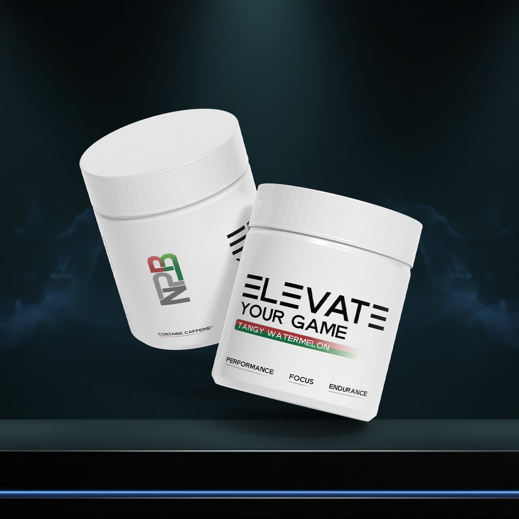 Two white containers with 'Elevate Your Game' branding on a dark background