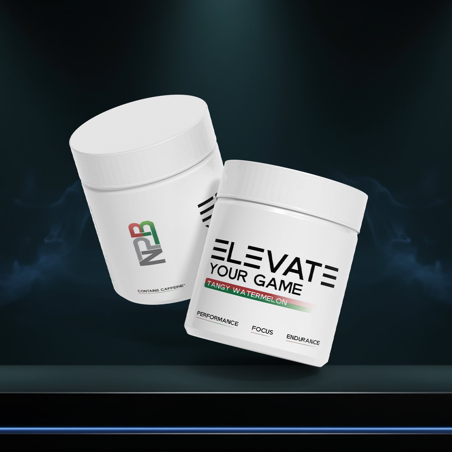 Two white containers with 'Elevate Your Game' branding on a dark background