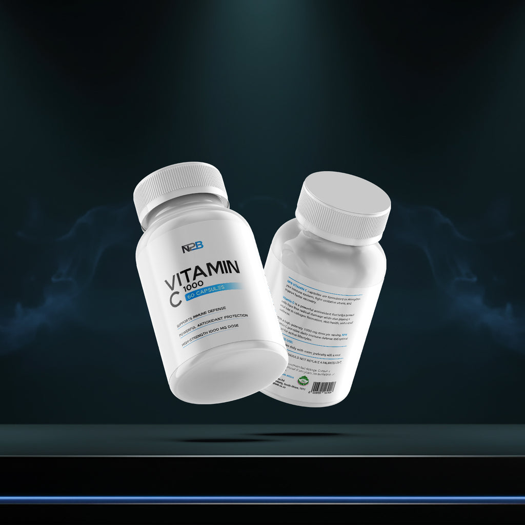 Two bottles of Vitamin C supplements on a dark background