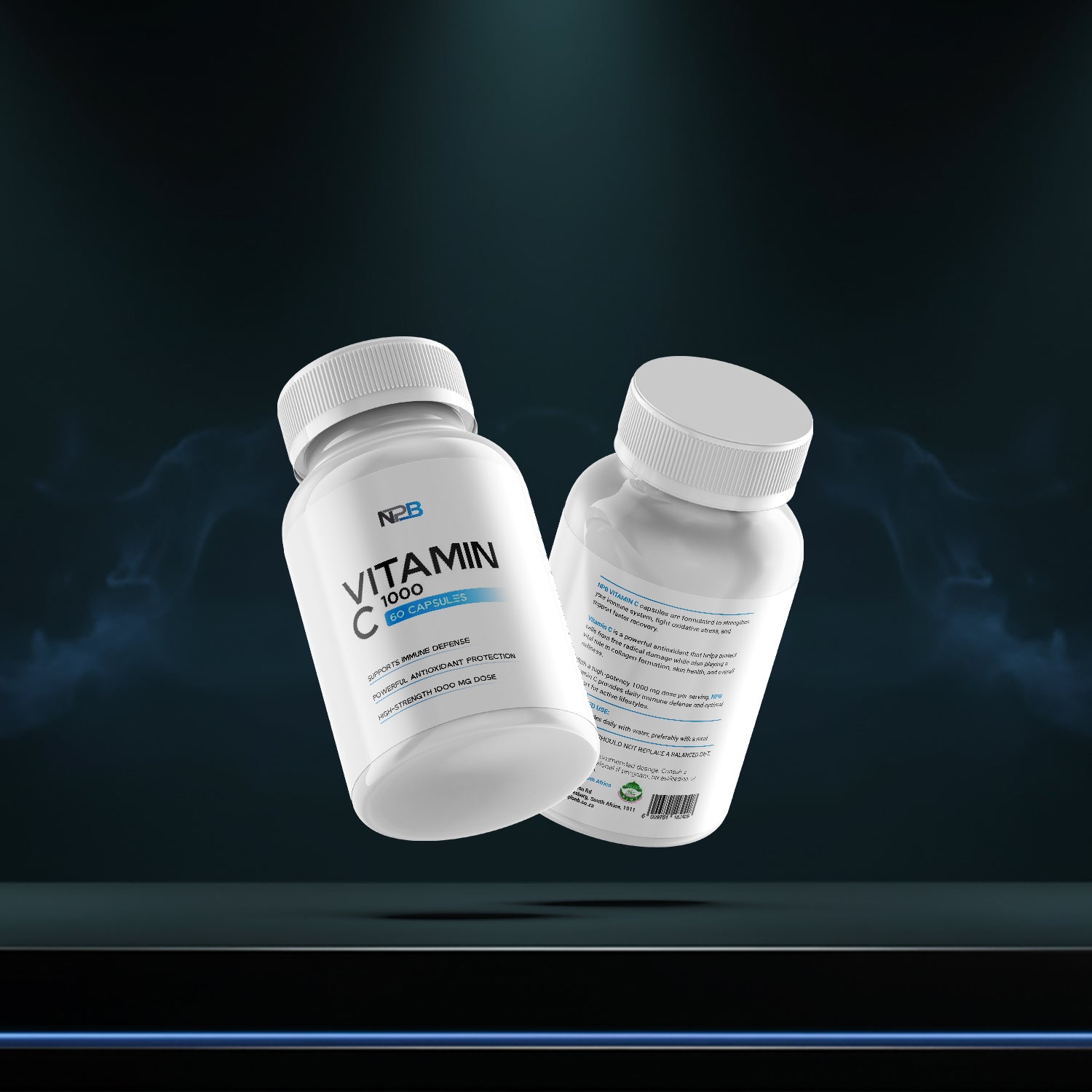 Two bottles of Vitamin C supplements on a dark background