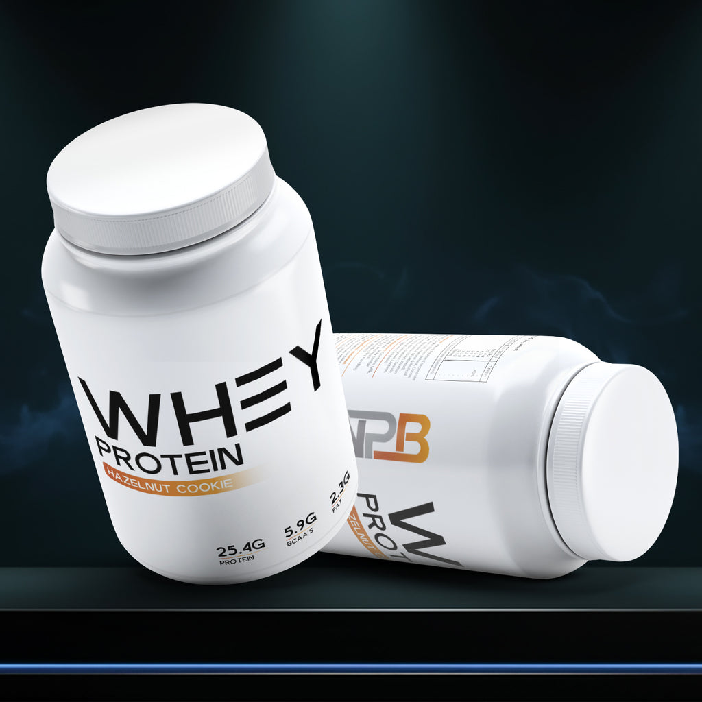 Two white protein supplement containers with visible branding on a dark background