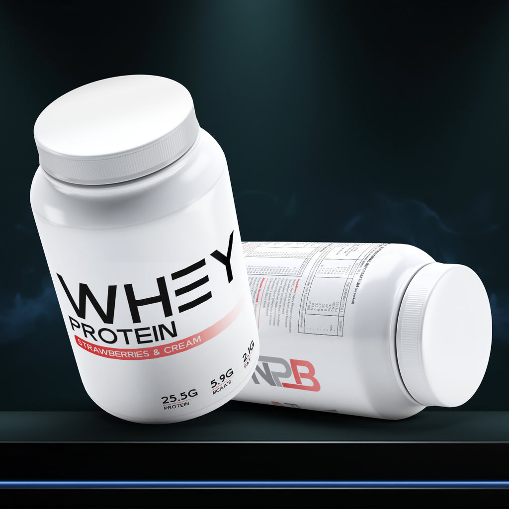 Two containers of whey protein powder on a dark background