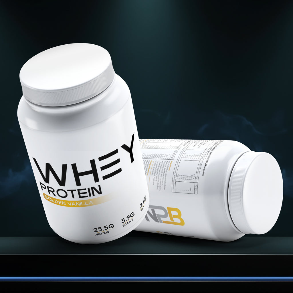 White protein supplement container with 'Whey Protein' text on a dark background