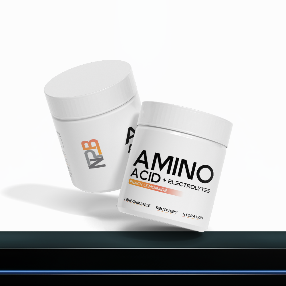 Two containers of NPB Amino Acid + Electrolytes on a white background