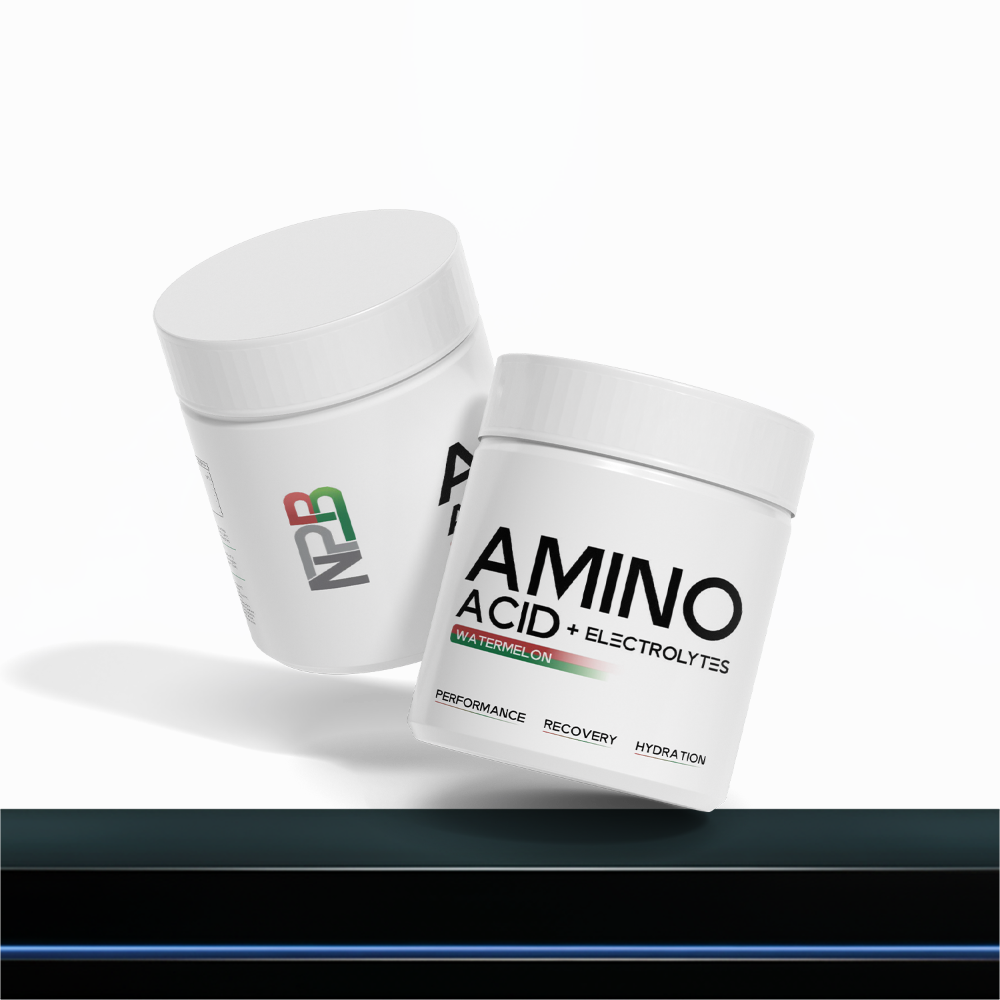 Two white containers with 'NPB' and 'AMINO ACID + ELECTROLYTES' text on a white background