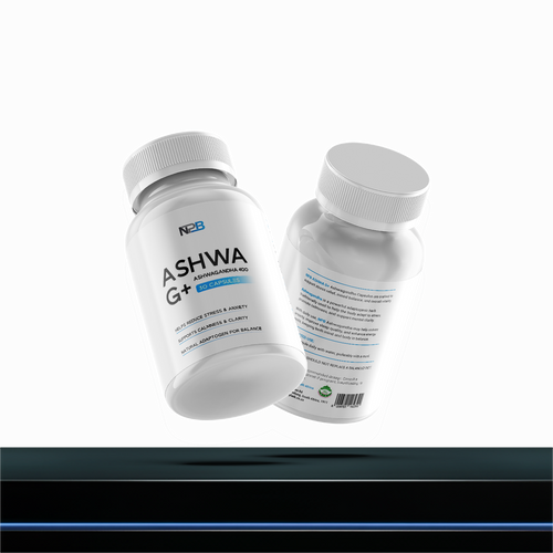 Two bottles of Ashwagandha supplement on a white background