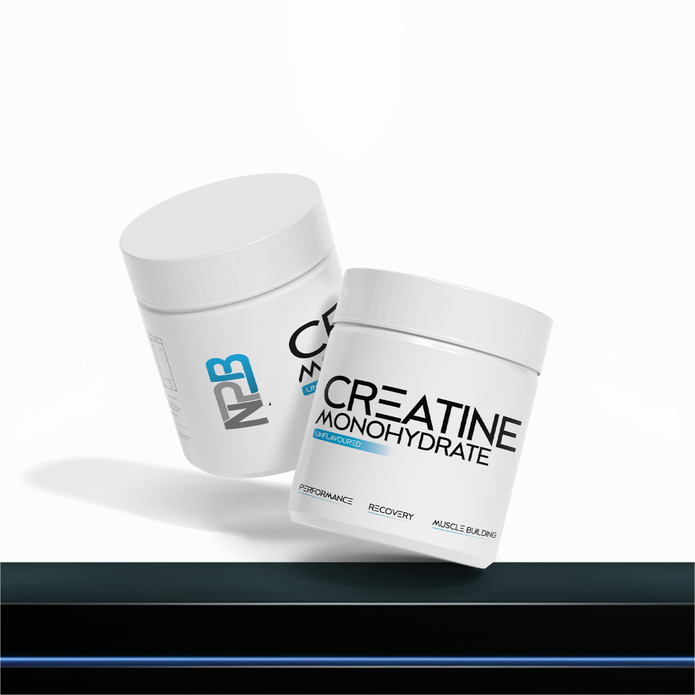 Two containers of Creatine Monohydrate on a white background