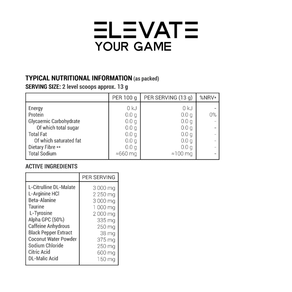 Nutritional information and ingredient list for a product with 'Elevate Your Game' branding.