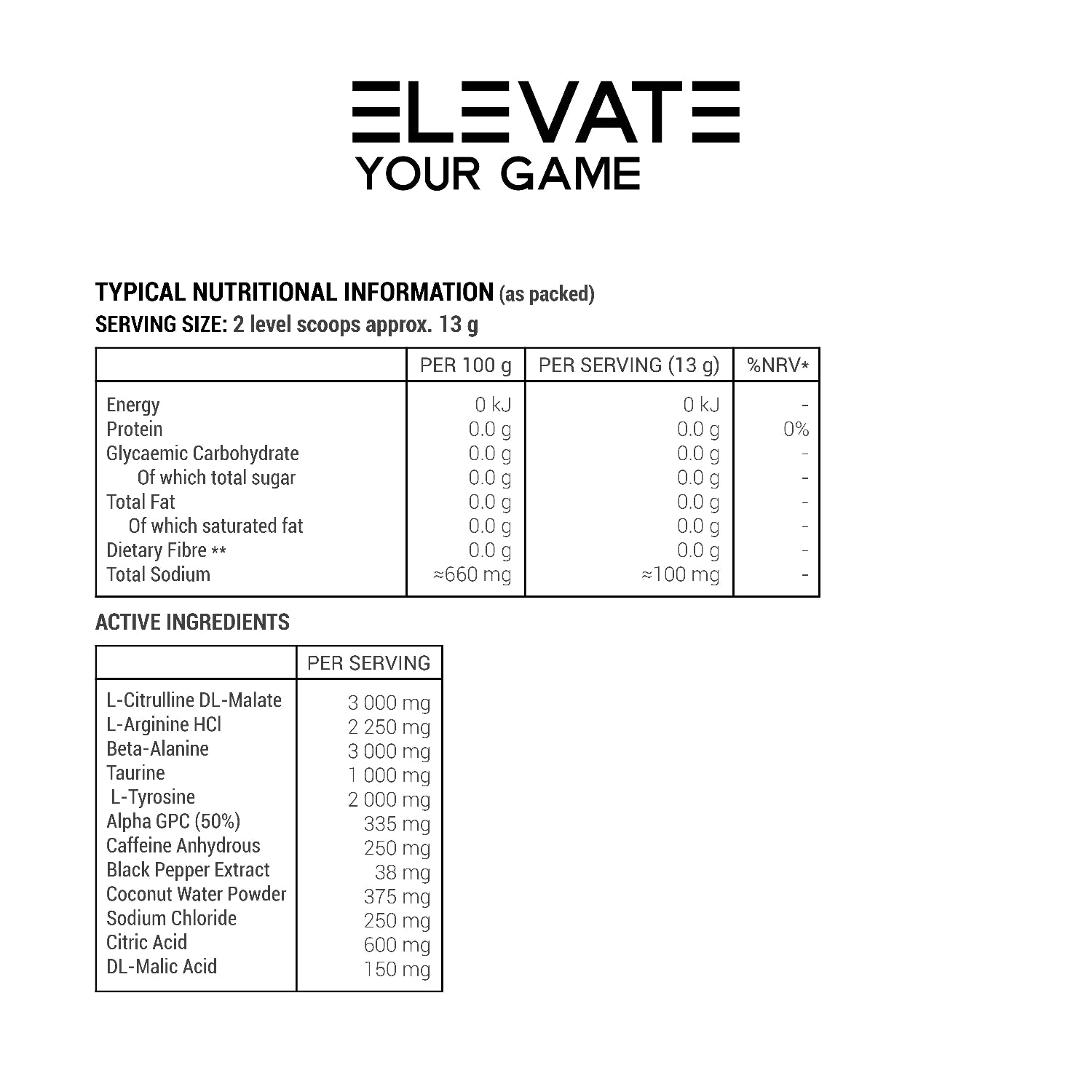 Nutritional information and ingredient list for a product with 'Elevate Your Game' branding.