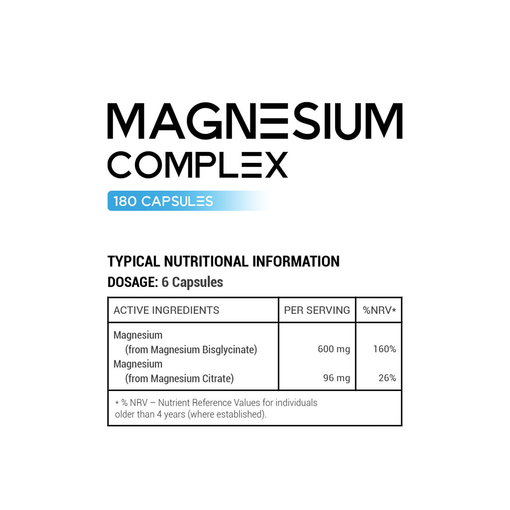 A clean white informational label for Magnesium Complex, showing the product name in large black text, a blue highlight reading 180 capsules, and a nutrition facts table with magnesium dosage details.
