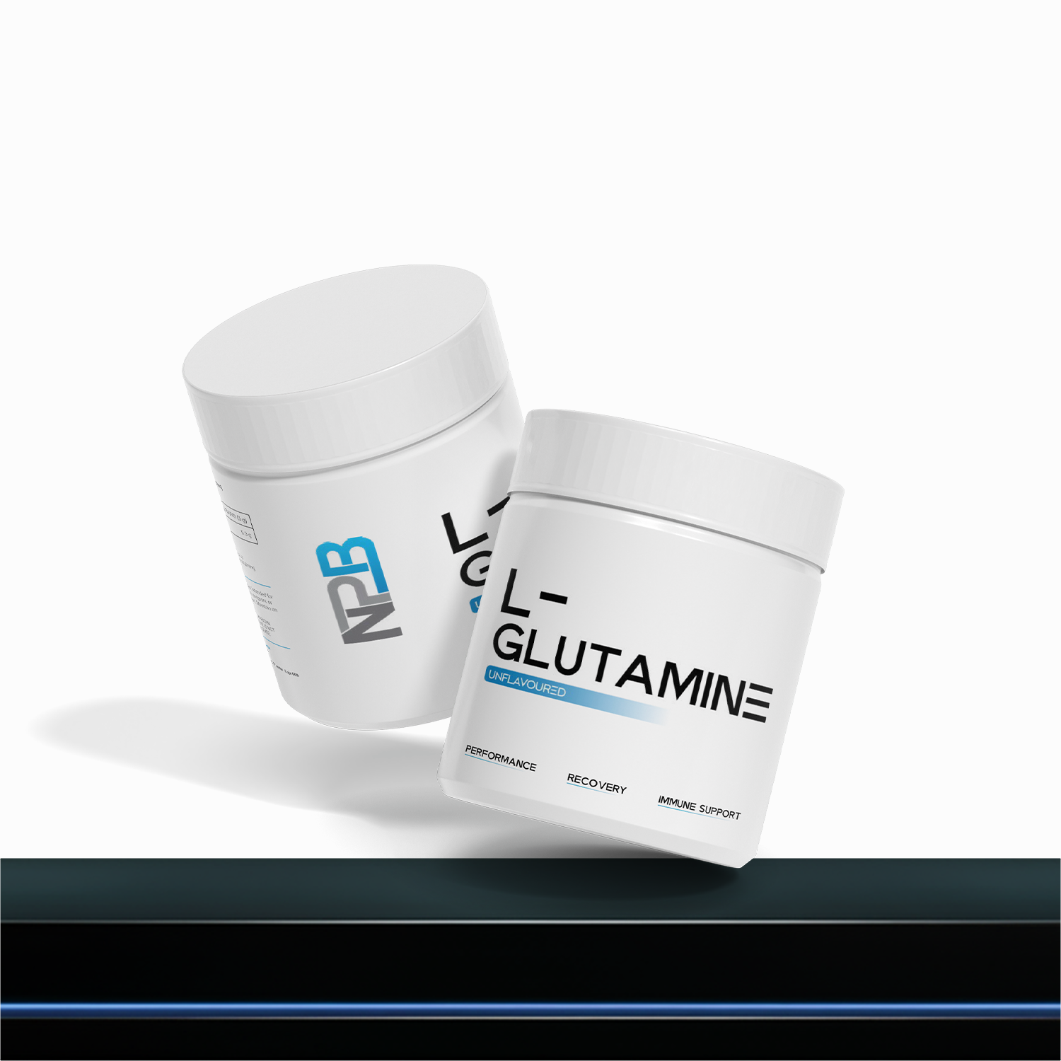 Two containers of L-Glutamine powder on a white background