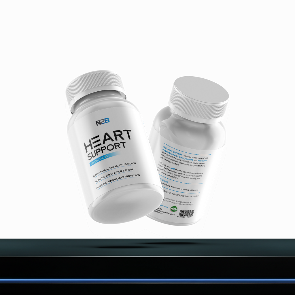 Two bottles of NPB Heart Support supplement on a white background