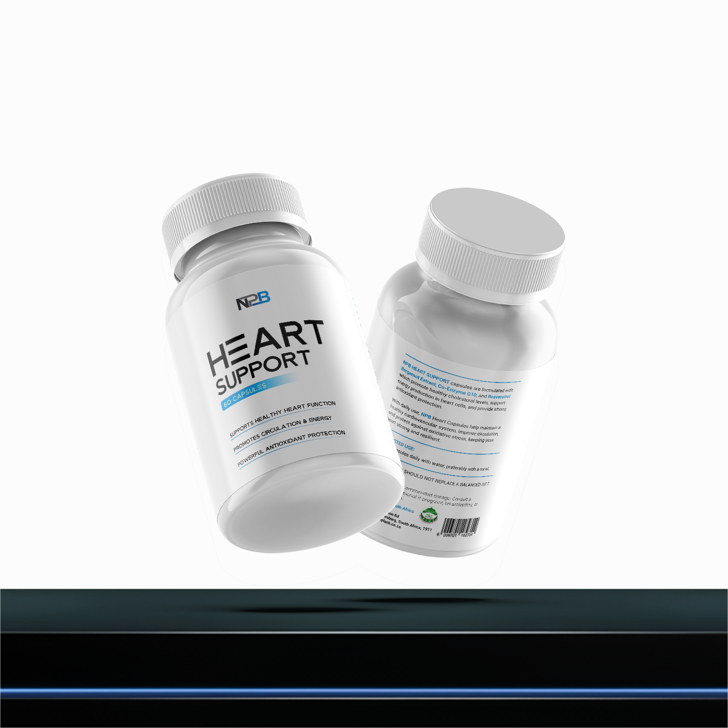 Two bottles of NPB Heart Support supplement on a white background