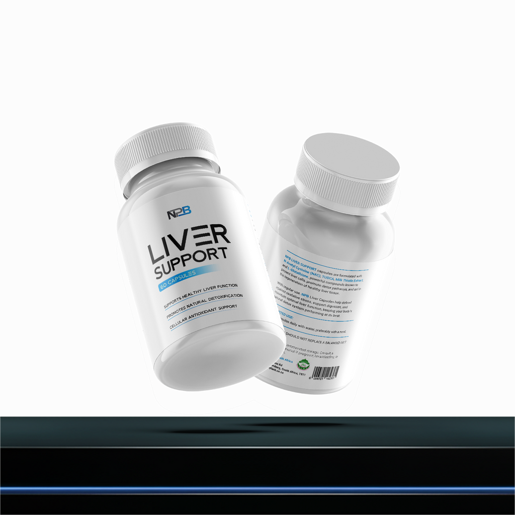 Two bottles of NPB Liver Support supplement on a white background
