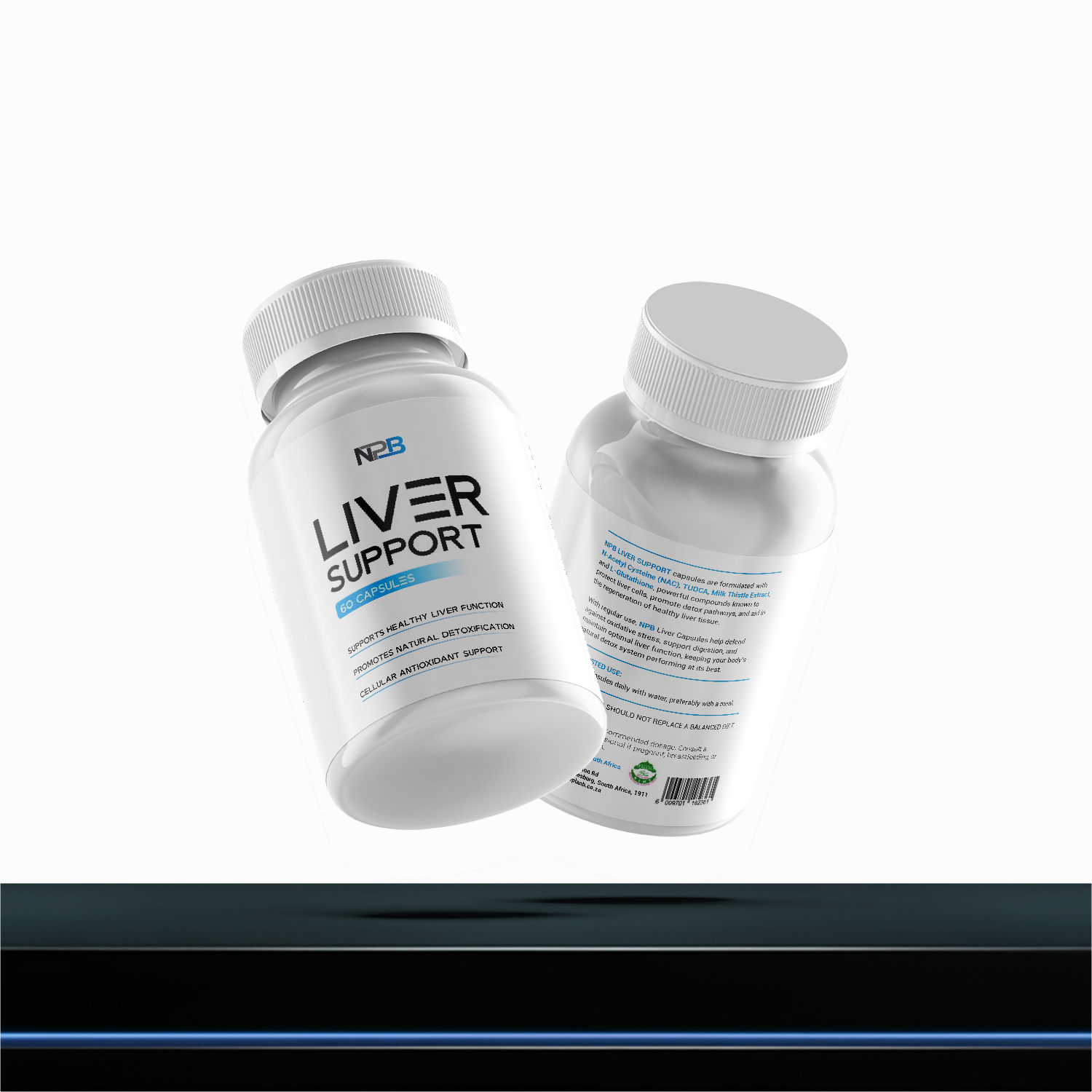 Two bottles of NPB Liver Support supplement on a white background