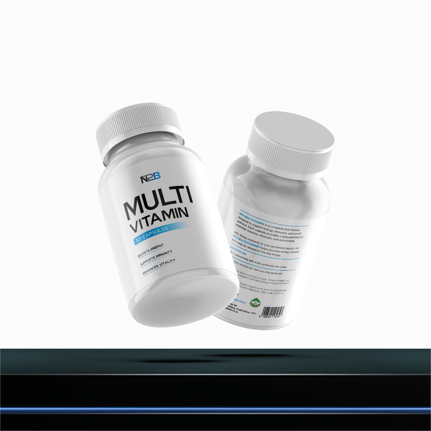 Two bottles of NPB Multi Vitamin on a white background