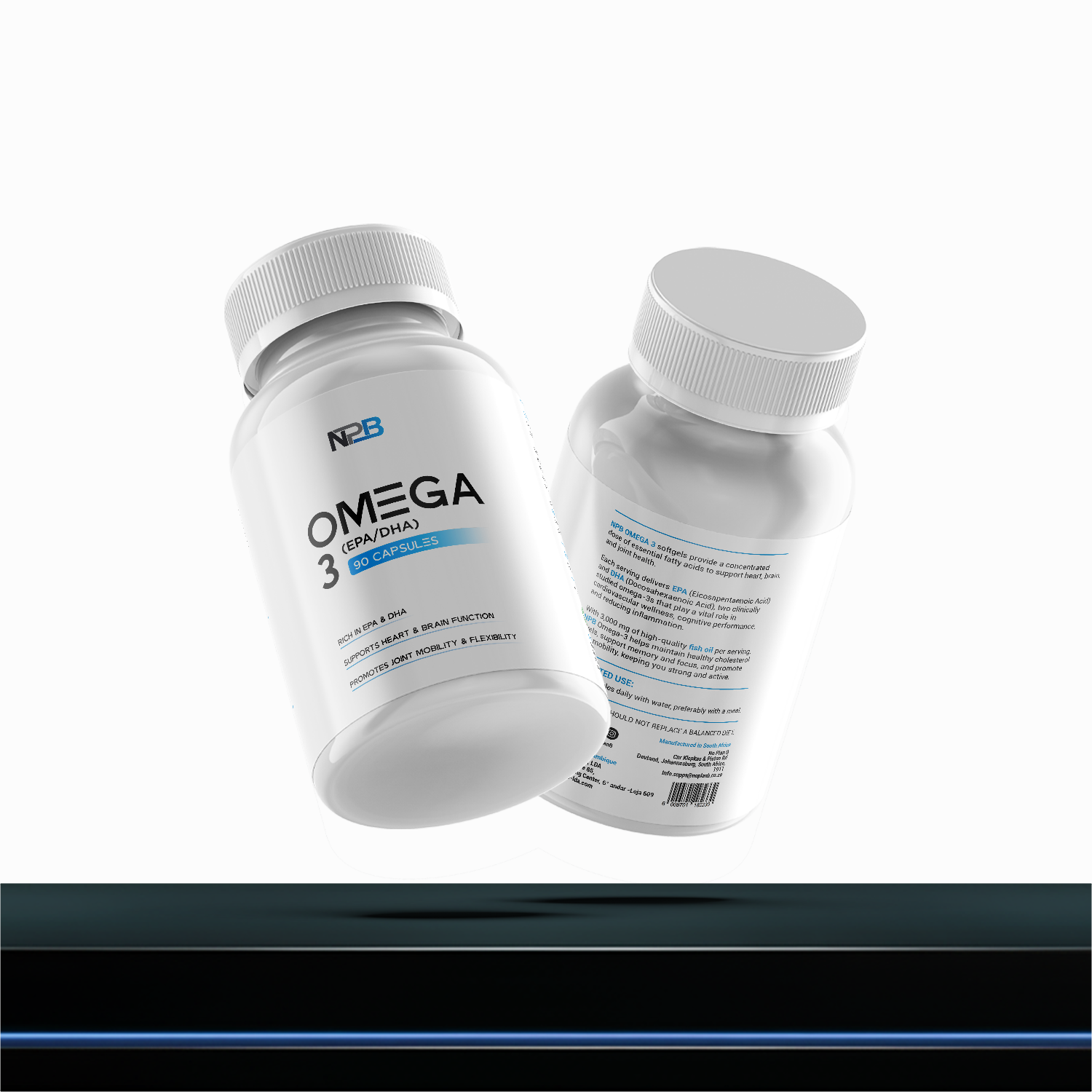 Two bottles of Omega-3 supplements on a white background