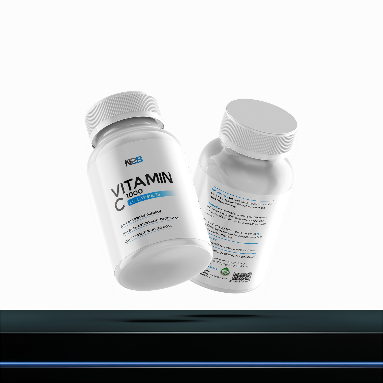 Two bottles of Vitamin C supplements on a white background