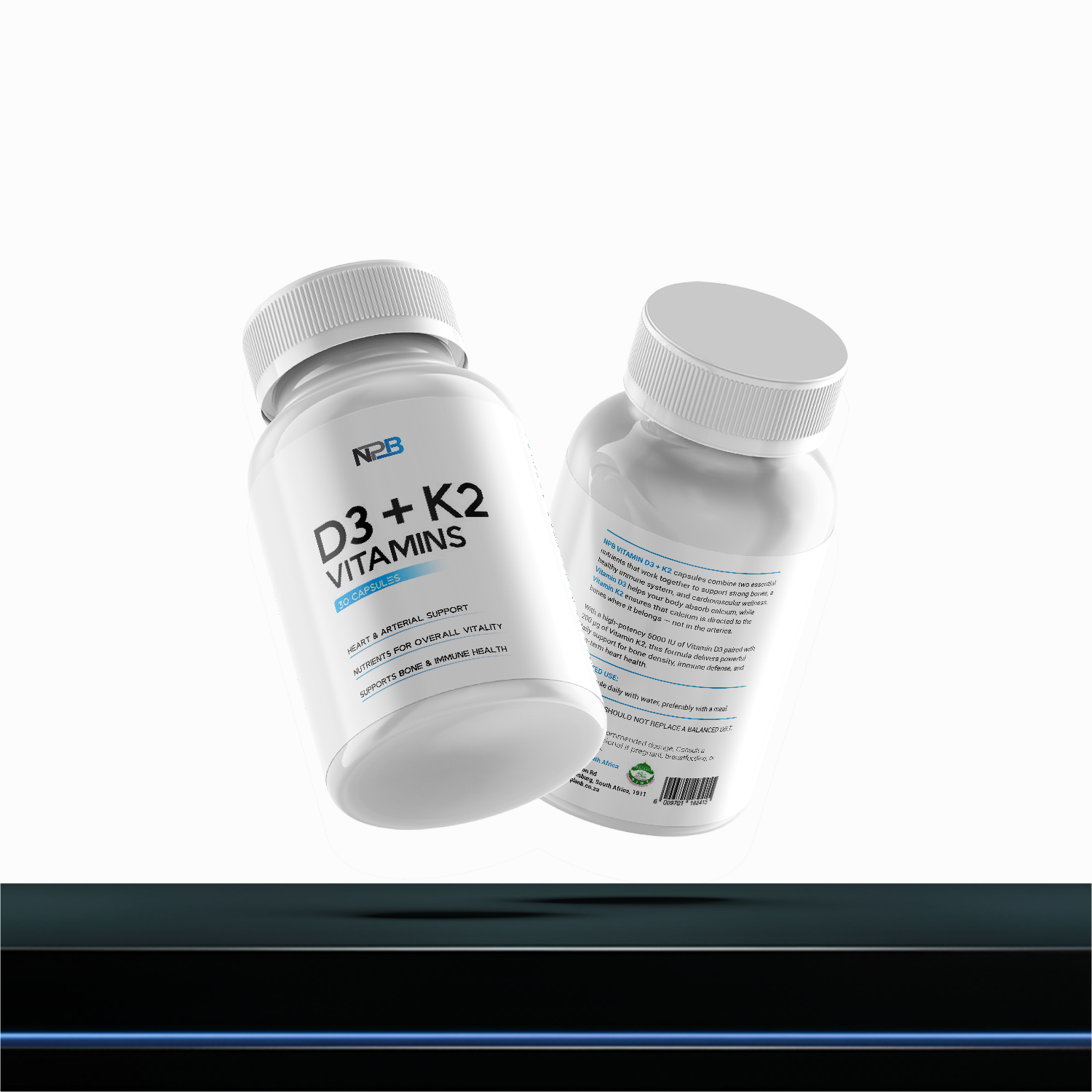 Two bottles of N8 D3 + K2 Vitamins on a white background