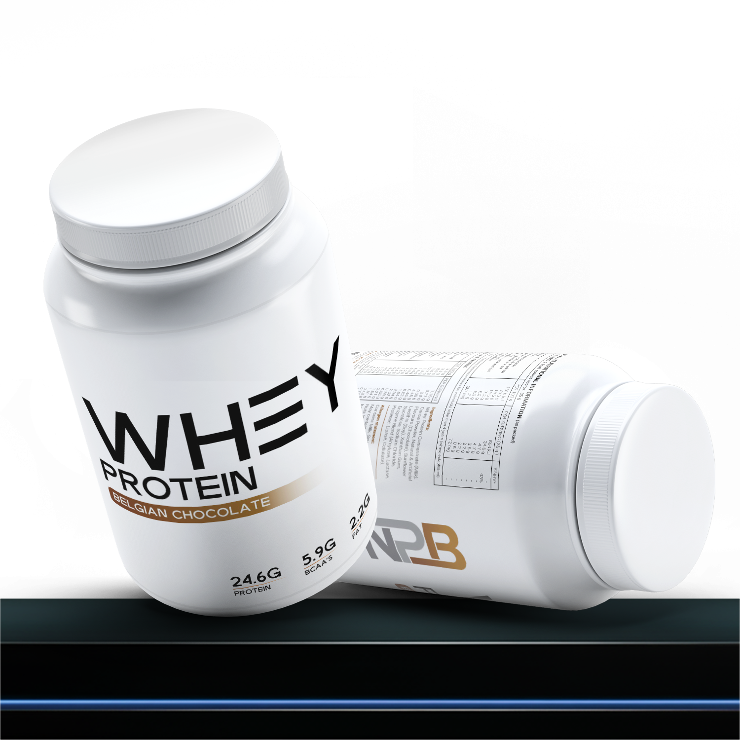 White protein powder container with 'Whey Protein' text on a white background